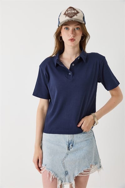 Kadın Vatkalı Polo Yaka Tshirt Lacivert