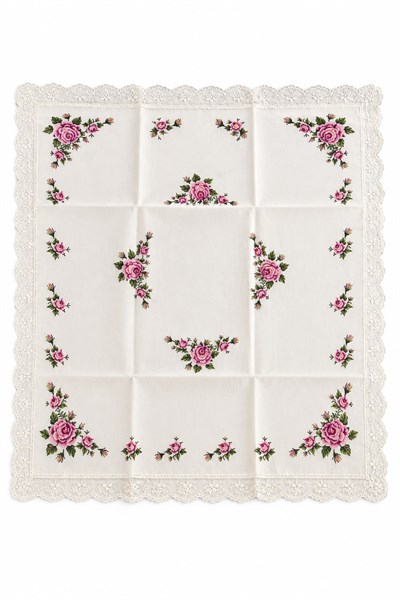 Çiçek Desenli Dantel Detaylı 90x90cm Ölçülü Fiskos Örtüsü Krem