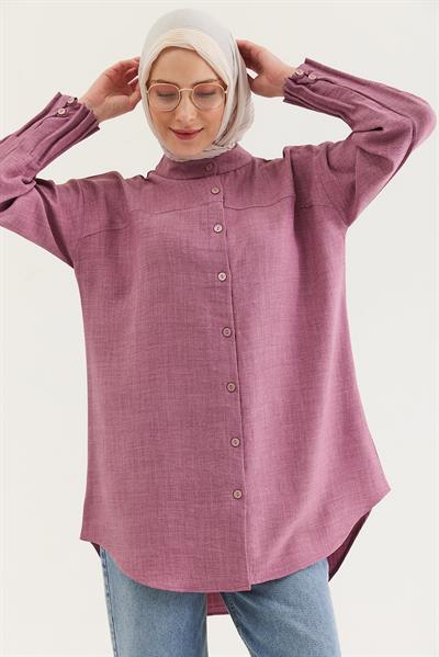 Keten Kumaş Kol Nervül Detaylı Gömlek Tunik Gül Kurusu