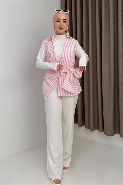 Kadın Gömlek Yaka Belden Bağlamalı Kolsuz Bluz Pembe