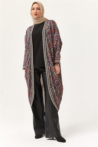 Oversize Şerit Detaylı Kimono Hırka Mürdüm