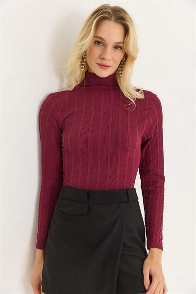 Kadın Balıkçı Yaka Triko Esnek Kazak Bordo