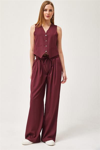 Regular Fit Blazer Yelek Crop Düz Düğmeli Bordo