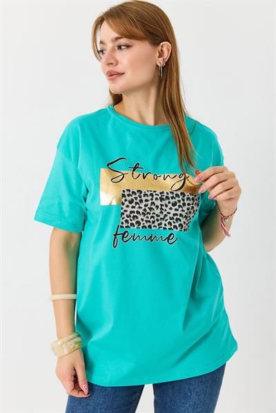 Kadın Bisiklet Yaka Baskılı Kısa Kol Tshirt Yeşil