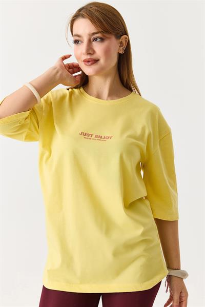 Kadın Yazı Baskılı Bisiklet Yaka Tshirt Sarı