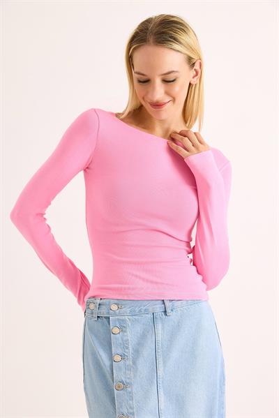 Geniş Yaka Rahat Uzun Kollu Bluz Pembe