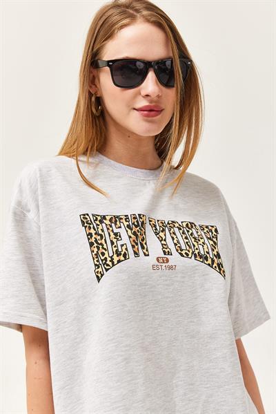 Bisiklet Yaka Oversize Tshirt Gri