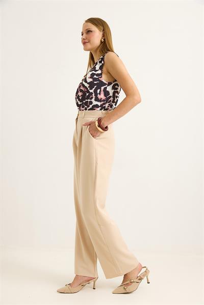 Yüksek Bel Bol Paça Pantalon Krem