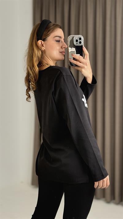 Kadın Siyah Pul İşlemeli Uzun Kollu Tshirt
