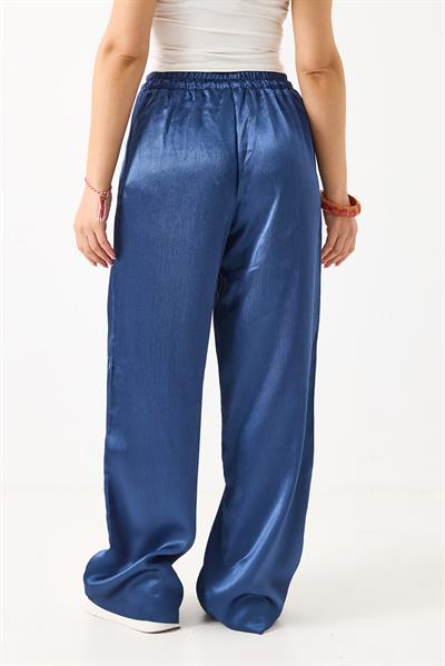 Kadın Saten Bol Kesim Salaş Beli Lastikli Pantolon Petrol Mavisi