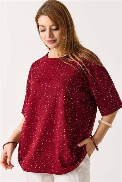 Kadın Taş Detaylı Bisiklet Yaka Oversize Tshirt Bordo