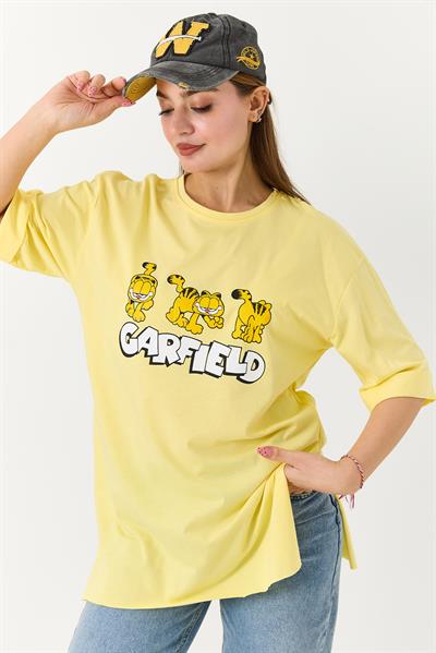 Kadın Garfield Baskılı Yanları Yırtmaçlı Bisiklet Yaka Tshirt Sarı