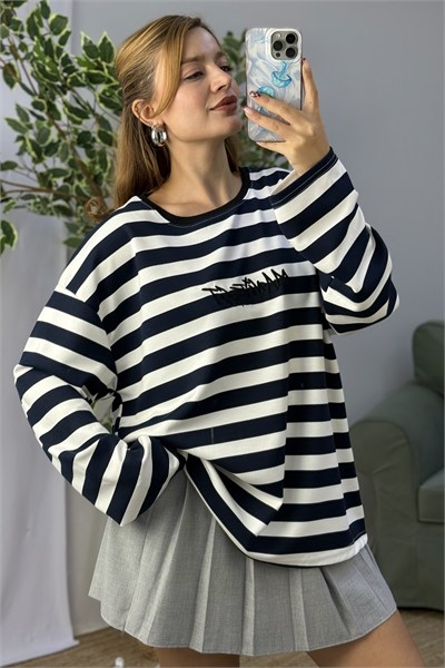 Kadın Bisiklet Yaka Oversize Sweatshirt Lacivert
