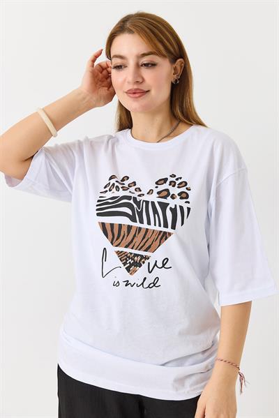 Kadın Kalp Baskılı Bisiklet Yaka Tshirt Beyaz
