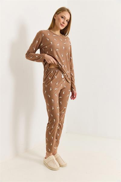 Kadın Bisiklet Yaka Bakılı Pijama Takımı Vizon