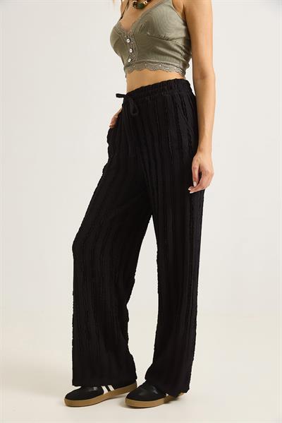 Geniş Paça Pileli Belden Bağlamalı Pantalon Siyah