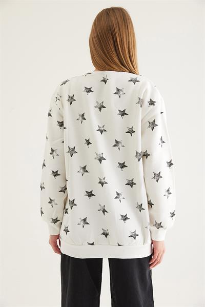 Yıldız Baskılı Oversize Şardonlu Sweatshirt Siyah