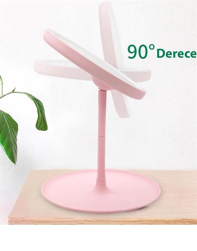 Dokunmatik Led Işıklı Yuvarlak Masa Üstü Makyaj Aynası Pembe