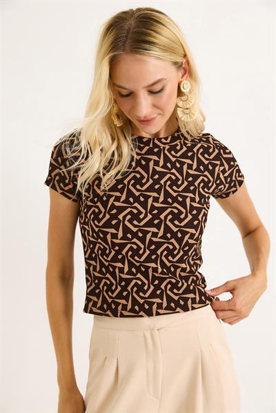 Geometrik Desen Kısa Kollu Bluz Kahverengi
