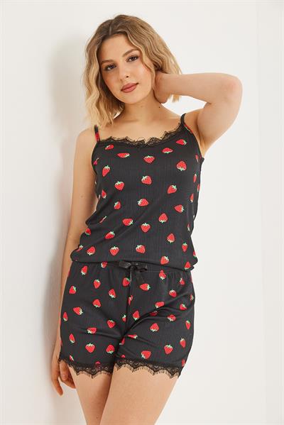 Dantel Detaylı Şortlu Pijama Takımı Siyah