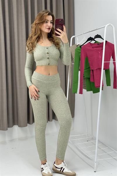 Kadın Düğmeli Crop Tayt İkili Fitilli Takım Açık Yeşil