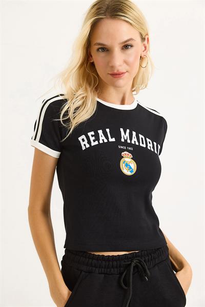 Bisiklet Yaka Şerit Detaylı Kadın Crop Tshirt Siyah