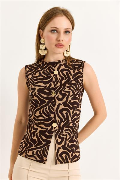Bisiklet Yaka Gold Düğmeli Ottoman Fitilli Bluz Zebra Kahverengi