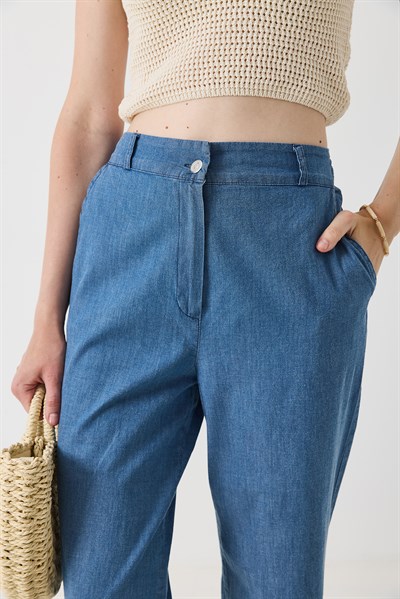 Kadın Beli Lastikli Geniş Paça Rahat Kesim Pantalon Mavi