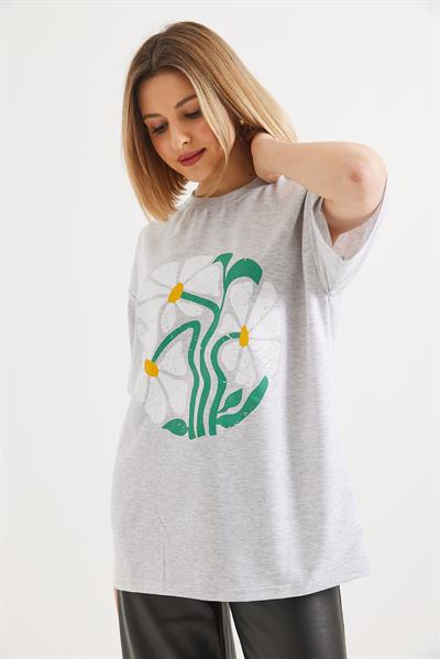 Baskılı Bisiklet Yaka Tshirt Açık Gri