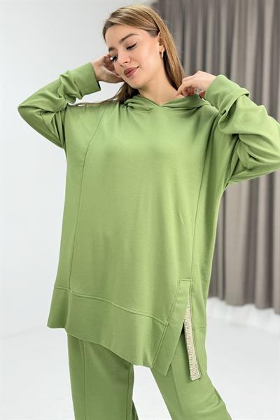 Kadın Paça Detaylı Kapüşonlu Oversize Eşofman Takım Yeşil