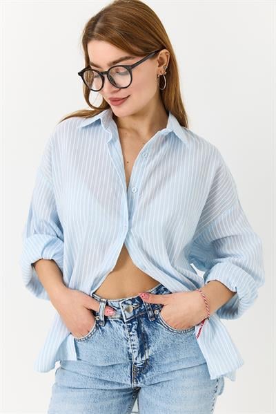 Kadın Uzun Kollu Oversize Gömlek Açık Mavi