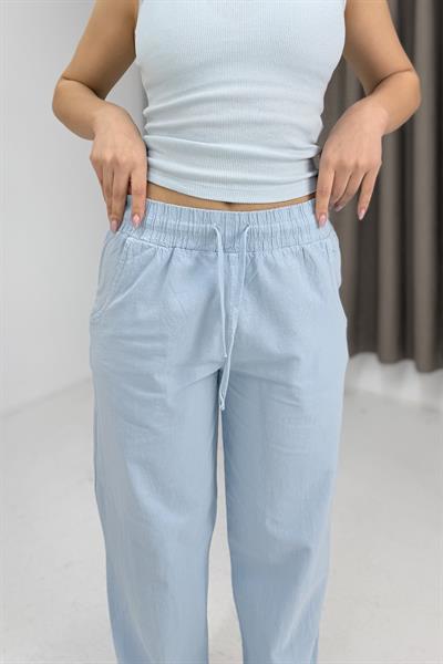 Kanvas Cepli Bağcıklı Beli Lastikli Uzun Pantolon Mavi