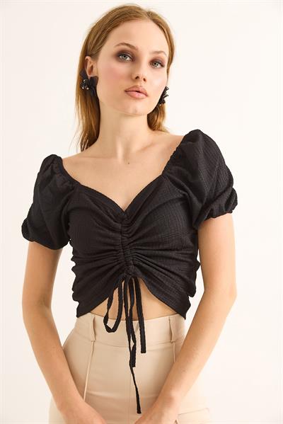 Prenses Kol Önden Büzgülü Bluz Siyah