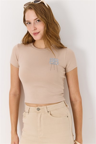 Kadın  Kısa Kollu Taşlı Crop Bluz Bej