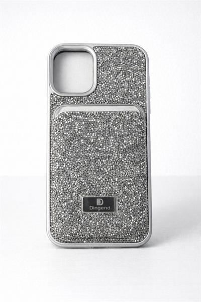 İphone 12 Uyumlu Parlak ve Taşlı Kart Bölümlü Kılıf Gri