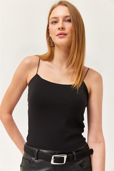 İp Askılı Uzun Crop Bluz Siyah