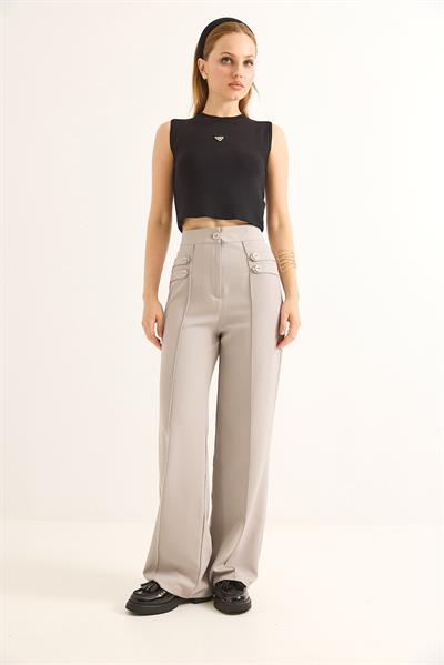 Düğme Detaylı Yüksel Bel Bol Paça Pantolon Gri