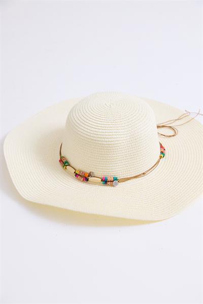 Boncuk Detaylı Hasır Kadın Plaj Havuz Çantası Krem