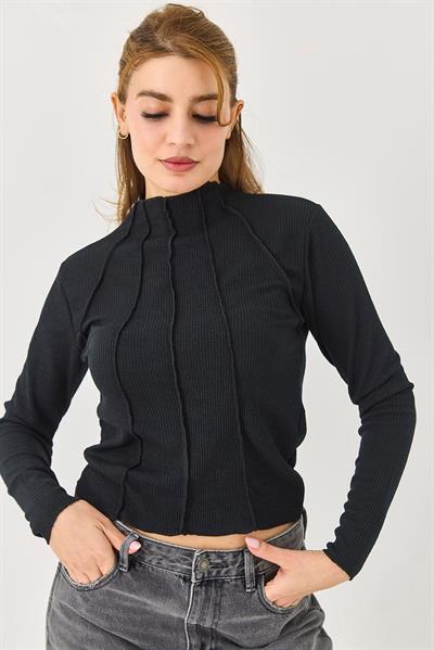 Kadın Dikiş Detaylu Esnek Uzun Kollu Bluz Siyah