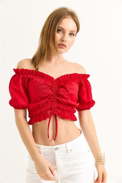 Madonna Yaka Büzgülü Crop Bluz Kırmızı