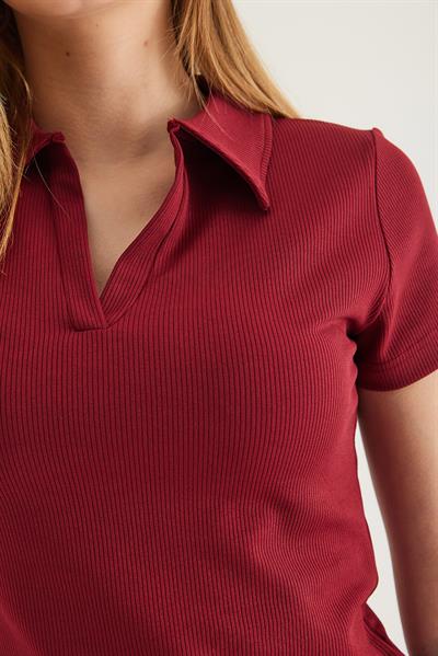 Polo Yaka Kadın Kısa Kol Bluz Bordo