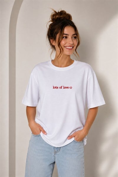 Kadın Bisiklet Yaka Oversize Baskılı Tshirt Beyaz