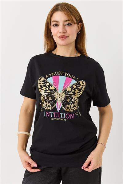 Kadın  Bisiklet Yaka Baskılı Kısa Kol Tshirt Siyah