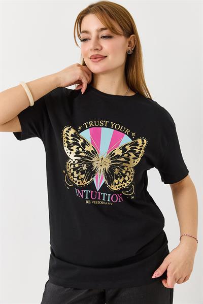 Kadın  Bisiklet Yaka Baskılı Kısa Kol Tshirt Siyah