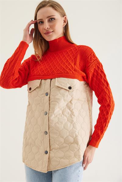 Kapitoneli Baklava Örgülü Triko  Turuncu