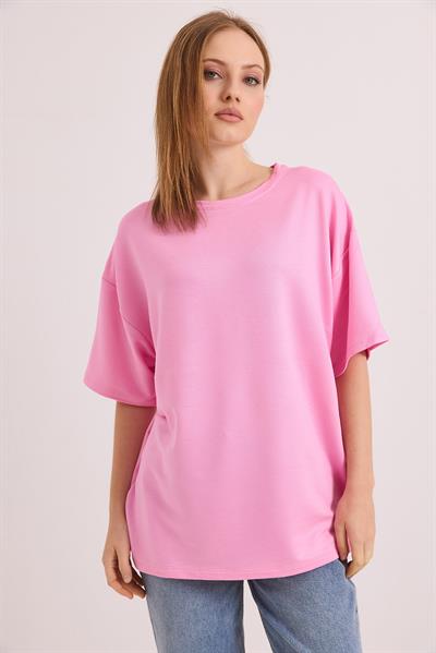 Oversize Yumuşak Dokulu Salaş T-Shirt Pembe