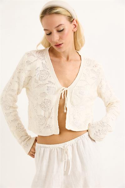 Bağlamalı Özel Tasarım Triko Hırka Ekru