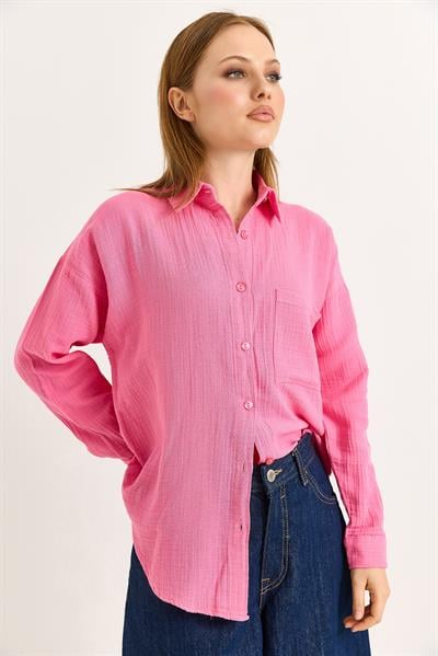 Uzun Kollu Oversize Gömlek Pembe