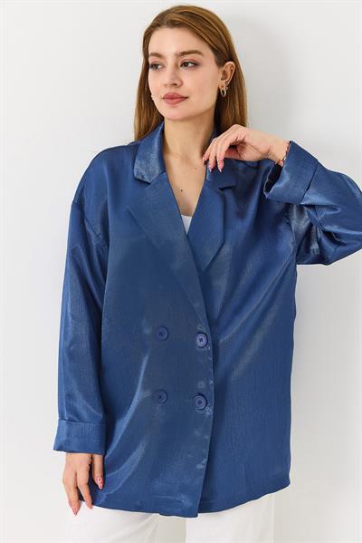 Kadın  Kruvaze Yaka Saten Oversize Blazer Ceket Saks