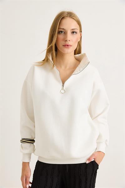 Kadın Yaka Fermuarlı 2 İplik Sweatshirt Beyaz